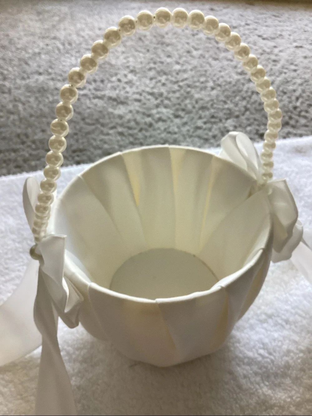 Ivory Satin Flower Girl Basket with Pearl Handle